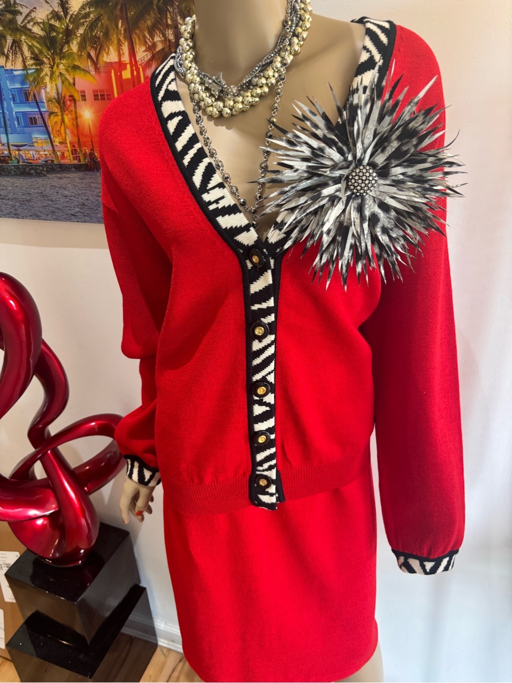 St John skirt suit red animal tiger 14 Large set embellished jacket cardigan